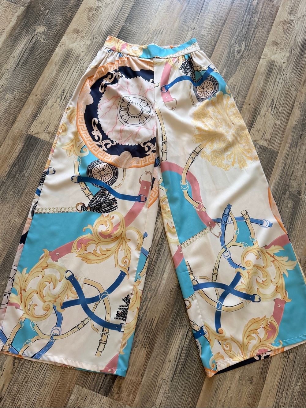 Girls' Cream & Teal Patterned Wide-Leg Satin Pants (unworn)